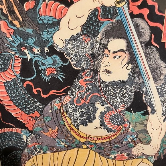 Tattooed Swordsman Fights Dragon Japanese Print Yoshiharu 12x15 Ukiyoe Wall Art - Picture 3 of 3